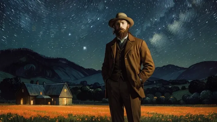 Van Gogh under the stars，19th century France，night，field，Super details，30-year-old Van Gogh，Short orange hair and beard