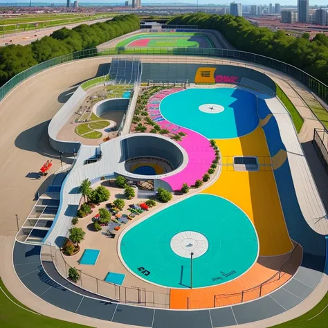 ariel view & big skate park and more complex  with all ramp, bowl, rail park with art and graffiti typography designs colourful