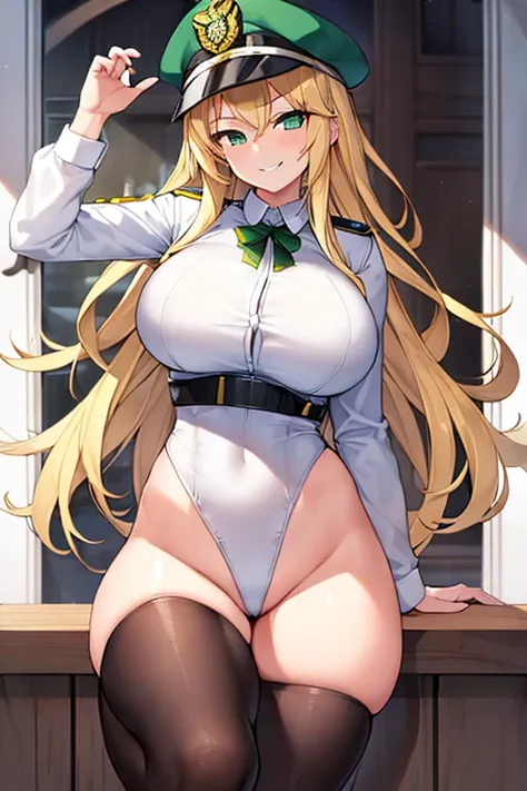 1girl, blonde hair, long hair, green eyes, smile, smirk, smug, large breasts, thick thighs, leotard, policewoman, police hat, police, police uniform, leotard, white leotard, white clothes, 