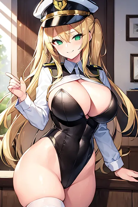 1girl, blonde hair, long hair, green eyes, smile, smirk, smug, large breasts, thick thighs, leotard, policewoman, police hat, police, police uniform, leotard, white leotard, white clothes, 