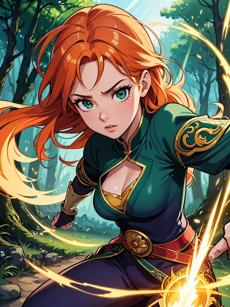 (best quality,4k,8k,highres,masterpiece:1.2),ultra-detailed,(realistic,photorealistic,photo-realistic:1.37),RPG girl with orange hair and green eyes holding a katana,beautiful detailed eyes,beautiful detailed lips,extremely detailed eyes and face,long eyel...