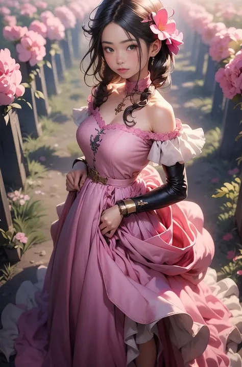 there is a woman in a pink dress standing in a field of flowers, a photorealistic painting by Leng Mei, pixiv, fantasy art, 🌺 cgsociety, trending on cgstation, dressed in a pink dress, beautiful alluring anime woman, cute anime waifu in a nice dress, cute ...