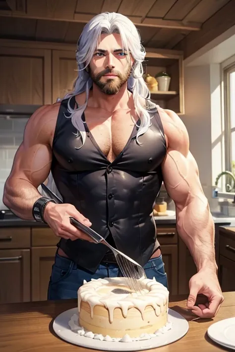 a muscular blonde haired man with blue eyes with a dark beard and long hair is making a cake