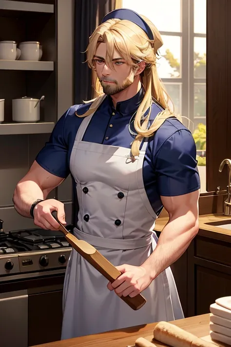 A muscular blonde haired male chef with blue eyes with a dark beard and long hair is working in a busy kitchen