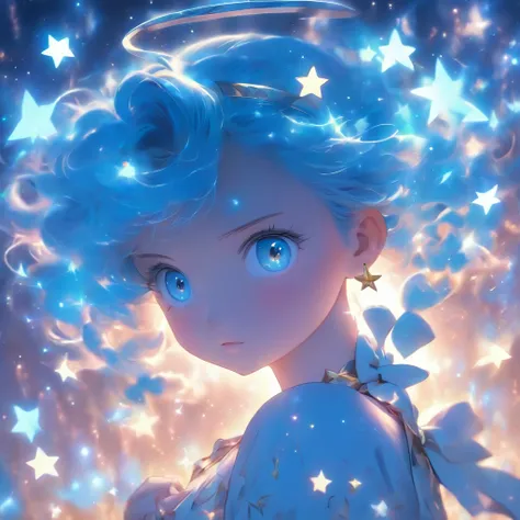 (Best quality,ultra detailed),Girl angel with blue hair and blue eyes with stars and bows on her head.,Calm aura,Calm atmosphere