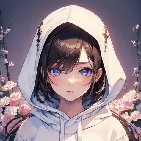 (1 girl),(masterpiece: 1.3), (beautiful: 1.2), (high quality: 1.2), (finely detailed: 1.2), (beautiful eyes: 1.5), portrait, realistic, 3D face, wearing a white hoodie 