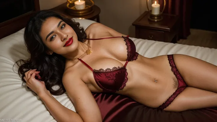 night scene, sea view, night time, Indian woman laying on a satin bed sheet wearing a satin robe with lace border, under which she is wearing in bridal red lingerie, , bed is decorated with rose petals and golden satin bed sheet, hourglass figure, deep cle...