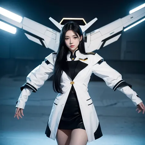 girl，long black hair，stand，short skirt，White clothes，armed platform，Pilot a mecha，calm face，