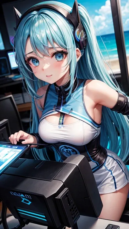 Garota gamer de cabelo azul na frente da tela do computador com roupa sexy