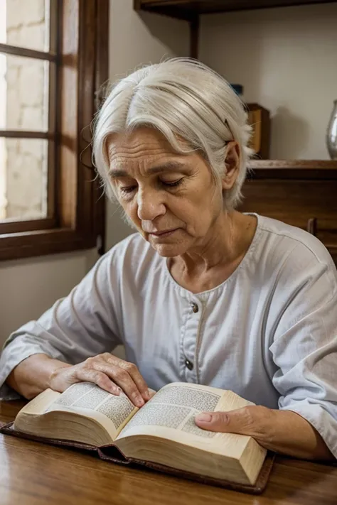 wrinkled old woman with white hair in front of a table with a bible, orando a Deus, em uma casa velha de madeira.