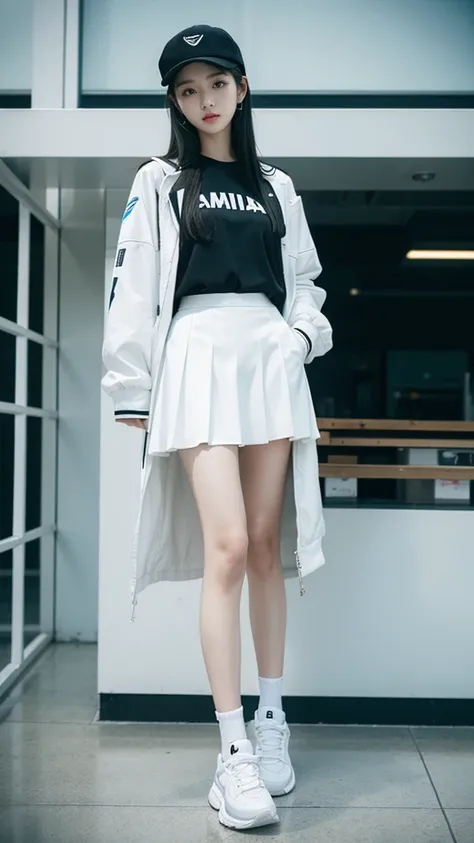 real person，girl，long black hair，stand，white peaked cap，White clothes，white skirt，long legs，sports shoes，calm，Hands hang naturally，There&#39;s a humanoid mecha behind him，standing on black platform，Delicate face