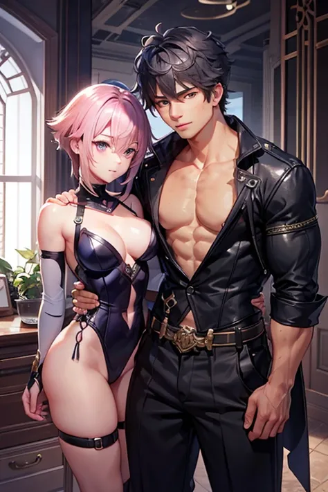 A muscular navy haired man with gray eyes is working next to a pink haired woman with violet eyes and an hourglass figure and short hair