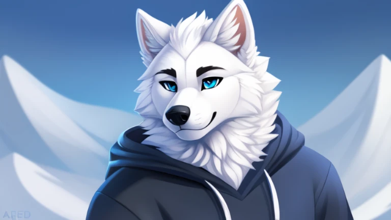 arafed image of a white samoyed dog with blue eyes and a hoodie, anthro art, an anthro wolf, fursona art, commission for high res, furry art!!!, fursona furry art commission, furry fursona, very very beautiful furry art, furry wolf, anthro portrait, furson...