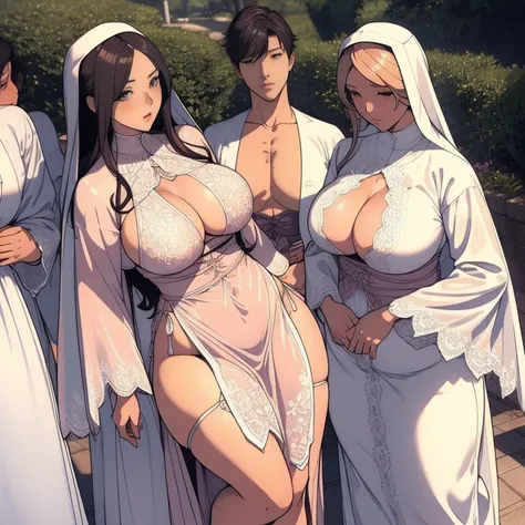 Min Yousuke, thick body large breast wearing extremely transparent floral lace pattern nun robe, standing outside cathedral grassy outdoors (show bare breast and nipples hanging out of robe), nsfw. Min Yousuke standing in a line ((multiple thick body large...