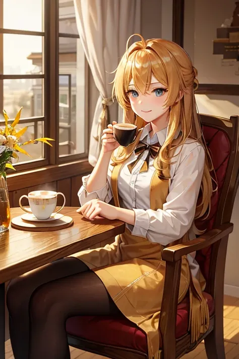 A golden haired female angel with hazel eyes and golden feathers is drinking tea at a coffee shop
