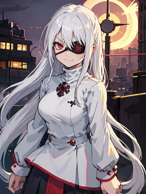 1girl, (solo), anime girl with long white hair and red eyes, girl with white hair, girl in white turtleneck, ((eyepatch)), pointed ears, ((vampire)), smirk, smug, closed mouth, cowboy shot, perfect white haired girl, white haired deity, digital cyberpunk a...