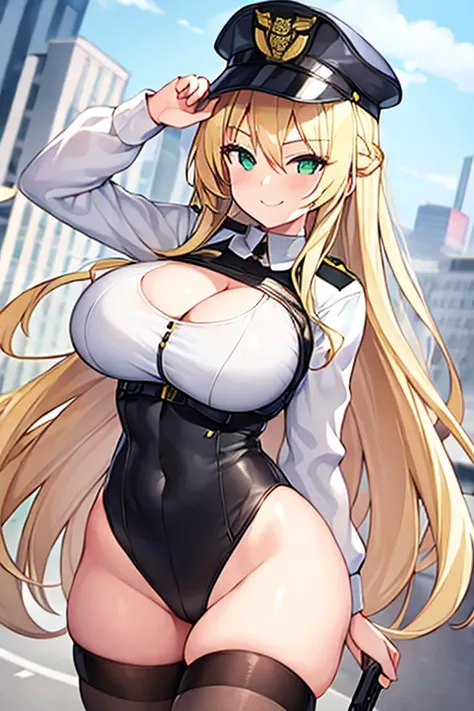 1girl, blonde hair, long hair, green eyes, smile, smirk, smug, large breasts, thick thighs, leotard, policewoman, police hat, police, police uniform, leotard, white leotard, white clothes, wide hips, cleavage cutout, city