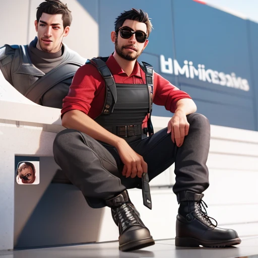 arafed man in a red shirt and black pants sitting on a wall, instagram model, photorealistic content, for hire 3d artist, 3d character realistic, photorealistic full body, 3 d character render, high quality 3d realistic, 3d character, 3 d character, realis...