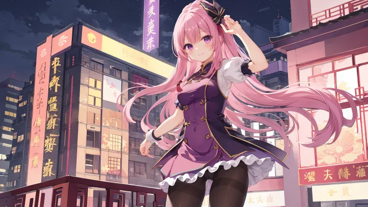 ChinaDress，Chinese buildings background， solo，a girl，170cm height，45CM bust，Pink medium long hair，purple eyelack underwear，night，gentle，Smile， ((black pantyhose))，indoorare armlack gloveare arms，mitsukasa ayase，fighting  pose,