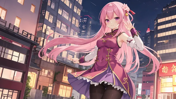 ChinaDress，Chinese buildings background， solo，a girl，170cm height，45CM bust，Pink medium long hair，purple eyelack underwear，night，gentle，Smile， ((black pantyhose))，indoorare armlack gloveare arms，mitsukasa ayase，fighting  pose,