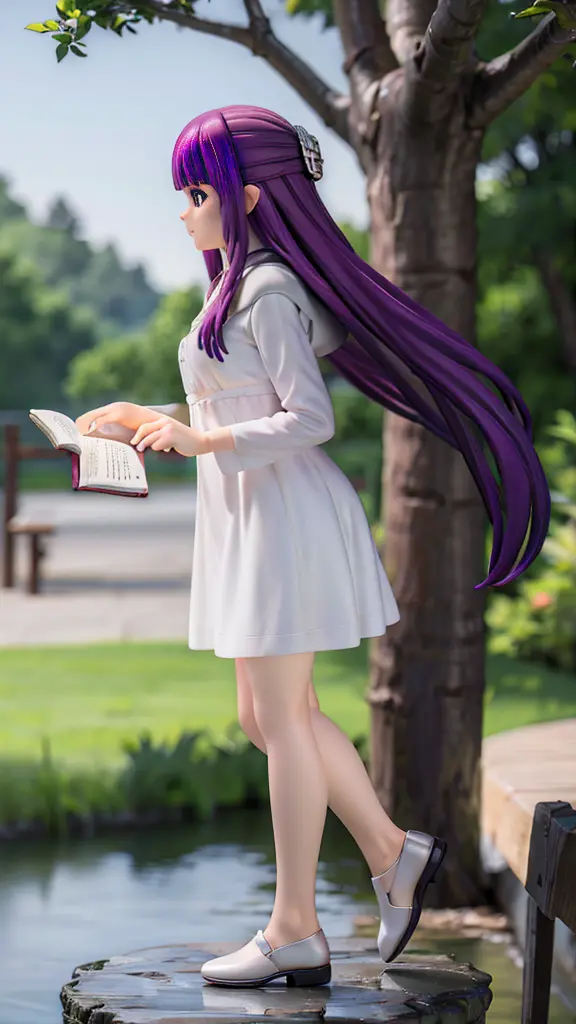 cute girl、full body description、Depth of the bounds written、sense of distance、focus、adventure、anatomically accurate body、slim、accurate line of sight、blue eyes、cute smile、purple hair、long hair、white dress、forest park、trip、roman temple、Remains、Book of Magic、...