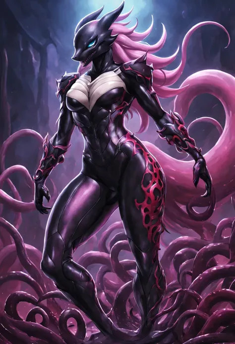 female dragon fusion，wear tentacle armor，symbiote girl，venom，evil depravity，sexaloid，gynoid，whole body concept，slime suit，full b...