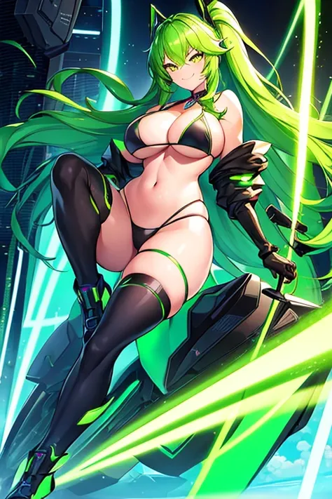 1girl, large breasts, breasts, wide hips, green hair, highleg bikini, bikini, black bikini, yellow eyes, smirk, smile, sports car, futuristic, science-fiction, tech, neon, neon trim, shoes, machinery,