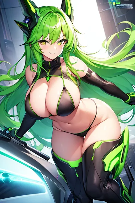 1girl, large breasts, breasts, wide hips, green hair, highleg bikini, bikini, black bikini, yellow eyes, smirk, smile, sports car, futuristic, science-fiction, tech, neon, neon trim, shoes, machinery,