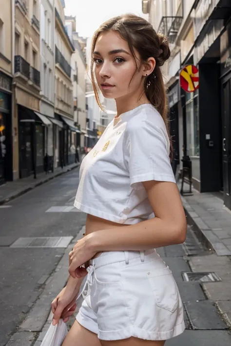 superior quality, chef-d&#39;artwork, ultra high def, (Real: 1.4), Photo originale, (rue du soir), 1 fille, yeux noirs, en regardant le public, Cheveux longs, light makeup, Lips, petites oreilles, T-shirt blanc, short en jean, des boucles d&#39;oreilles, F...