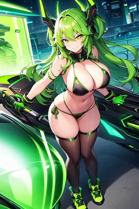 1girl, large breasts, breasts, wide hips, green hair, highleg bikini, bikini, black bikini, yellow eyes, smirk, smile, car, futuristic, science-fiction, tech, neon, neon trim, shoes, machinery,