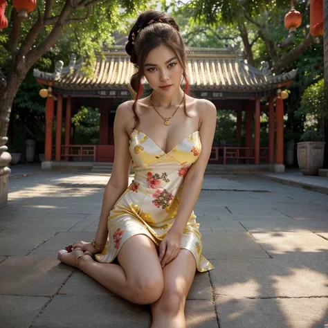 💋💋Best quality, high resolution, Wuxi, 1 girl, (Chinese classical yellow floral pattern dress:1.2) (view of Chinas ancient pavilion, multi-colored flower garden and large trees with space) The decorations are  Gold necklaces, hair pins, bracelets  Anklet, ...