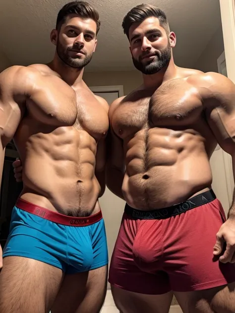 Two handsome 30 year old men, en boxers, con bulto grande en la entrepierna