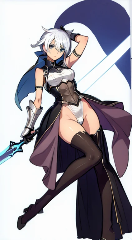 (((Best Quality))) , ((full body)), female, character design, solo, (white background), holding sword, gauntlets, waist armor, thigh high, side slit trench skirt, blue, leotard, green, violet, brown, white, colorful outfit, vest, bare arms, bareback, tacti...