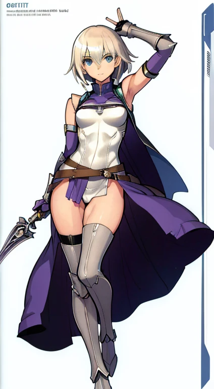 (((Best Quality))) , ((full body)), female, character design, solo, (white background), holding sword, gauntlets, waist armor, thigh high, side slit trench skirt, loincloth,  blue, leotard, green, violet, brown, white, colorful outfit, vest, bare arms, bar...