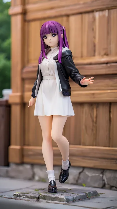 1 girl、full body description、realistic scene、realistic texture、Depth of the bounds written、Top quality perspective、real focus、anatomically accurate hand arm fingers、slim、accurate line of sight、blue eyes、cute smile、purple hair、long hair、white hoodie、white p...