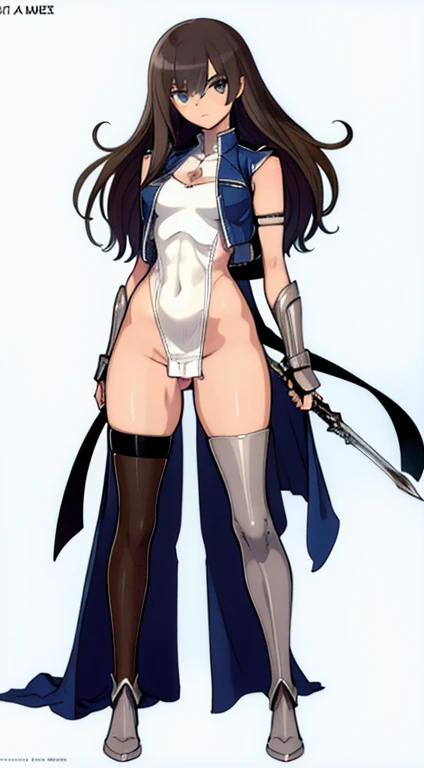 (((Best Quality))) , ((full body)), female, character design, solo, (white background), holding sword, gauntlets, waist armor, thigh high, side slit trench skirt, loincloth, fundoshi, blue, leotard, green, violet, brown, white, colorful outfit, vest, bare ...