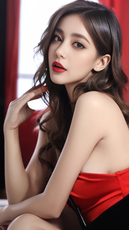 thin lips,bright red lipstick,big eyes,black eyes,looking at viewer, 
(masterpiece, best quality:1.4),(photorealistic:1.4)(reali...