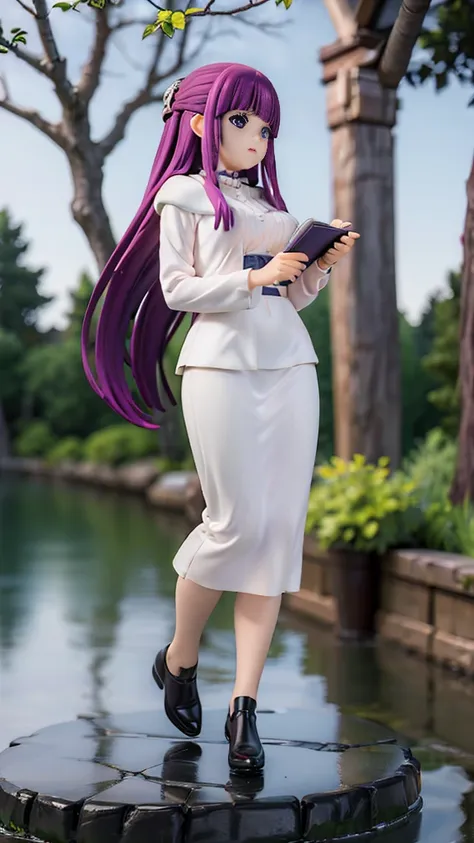 1 girl、full body description、realistic scene、realistic texture、Depth of the bounds written、Top quality perspective、real focus、anatomically accurate hand arm fingers、slim、accurate line of sight、blue eyes、cute smile、purple hair、long hair、white hoodie、White p...