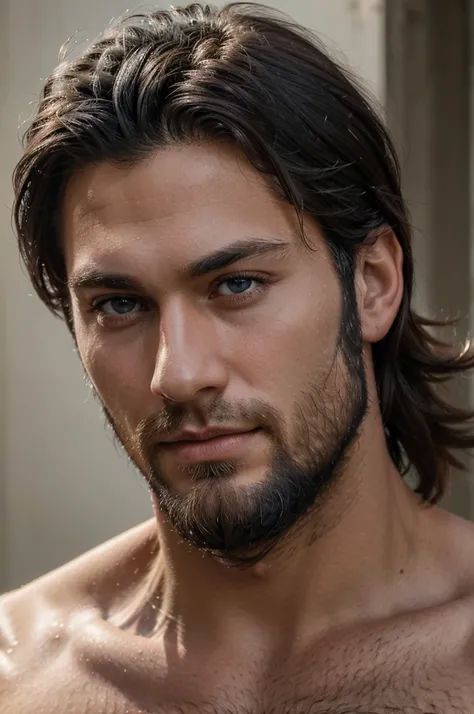 (best quality,photorealistic:1.37),portrait,black hair, muscular, handsome man, black mid beard, blue eyes, slight smile, attractive, 28 years old.