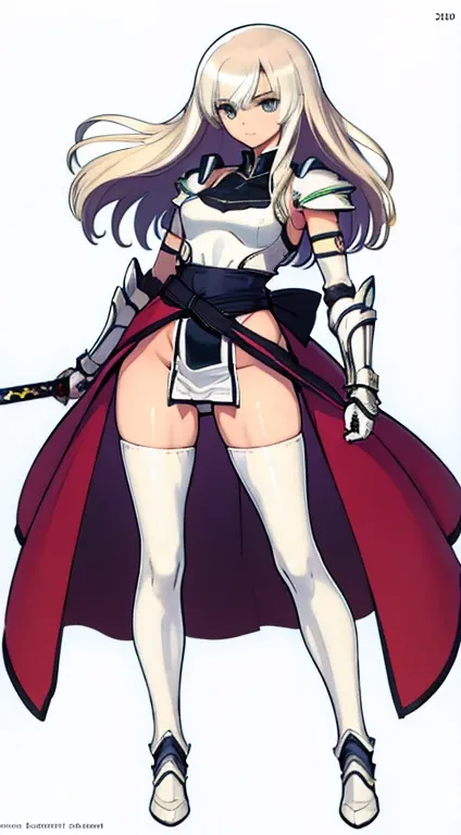 (((Best Quality))) , ((full body)), female, character design, solo, (white background), holding sword, gauntlets, waist armor, thigh high, side slit trench skirt, loincloth, fundoshi, blue, high-cut armor, green, violet, brown, white, colorful outfit, vest...