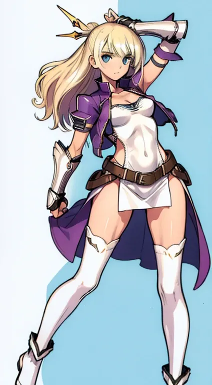 (((Best Quality))) , ((full body)), female, character design, solo, (white background), holding sword, gauntlets, waist armor, thigh high, side slit trench skirt, blue, bikini under clothes, green, violet, brown, white, colorful outfit, vest, bare arms, ba...