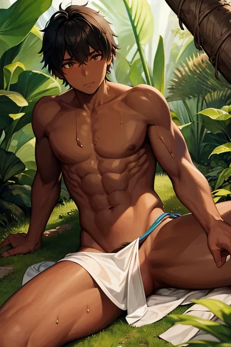 A dark-skinned, short-haired, slender macho tribal boy wearing a severely torn loin cloth and wet with a large amount of milky fluid is lying on a bed of leaves in a hut in a jungle village., barbarian