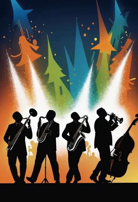 (best quality,highres:1.2),silhouette of a jazz band on a stage,colorful background,blue,orange,green,blurred,zentangle style,black,brown, crunch it, make it outstanding, the best emotive silhouette ever, sparkles, musical explosions, flying musical notes,...