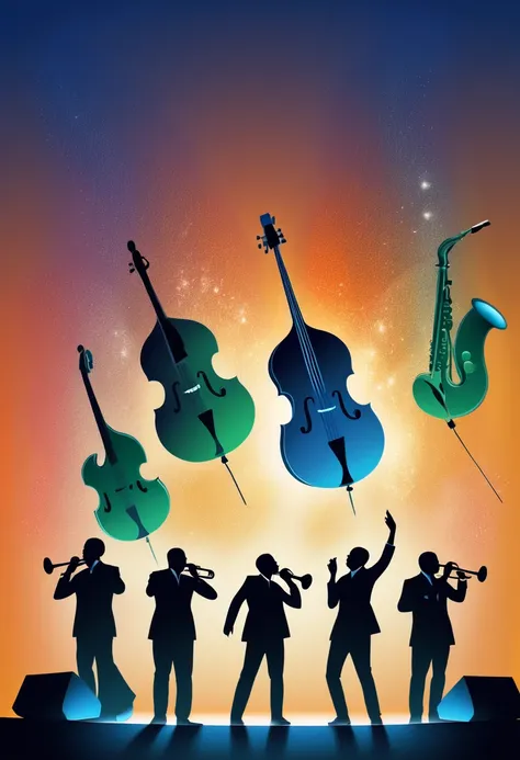 (best quality,highres:1.2),silhouette of a jazz band on a stage,colorful background,blue,orange,green,blurred,zentangle style,black,brown, crunch it, make it outstanding, the best emotive silhouette ever, sparkles, musical explosions, flying musical notes,...