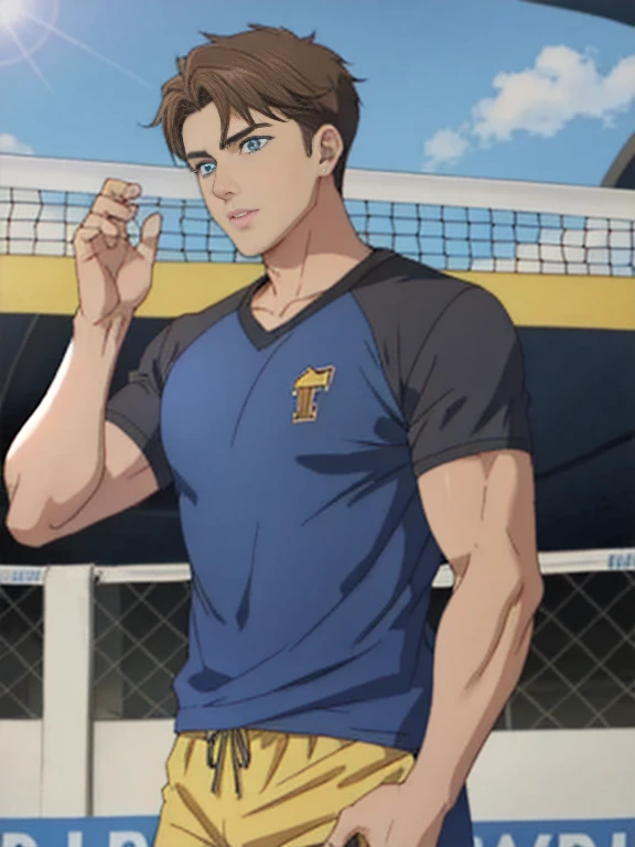 guy holding a yellow blue volleyball having a black tshirt on handsome blue eyes brown hair muscular 