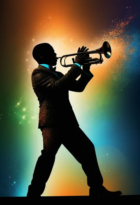 (best quality,highres:1.2),silhouette of a jazz trumpeter on a stage,colorful background,blue,orange,green,blurred,zentangle style,black,brown, crunch it, make it outstanding, the best emotive silhouette ever, sparkles, musical explosions, flying musical n...