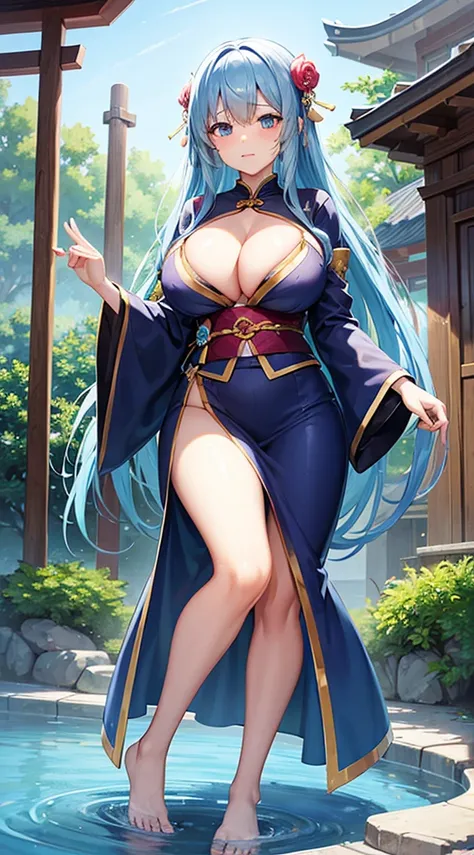 Beautiful woman with big breasts、Full body Esbian、water dripping、(Blue hair)、long hair、Shy face、blue eyes、kimono、getting wet、shrine