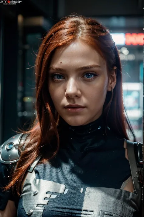 (best quality,4K,highres:1.2),ultra-detailed,realistic,photorealistic:1.37,professional,sharp focus,cyberpunk,cybernetic,detailed,long red hair,blue eyes,younger face,beautiful detailed eyes,beautiful detailed lips,cyberpunk labratory,blue and orange and p...