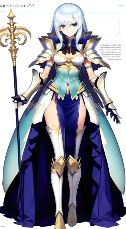 (((Best Quality))) , ((full body)), female, character design, solo, (white background), holding staff, gauntlets, waist armor, thigh high, side slit trench skirt, blue, green, violet, brown, white, colorful outfit, bare arms, bareback, Bust Bodice,