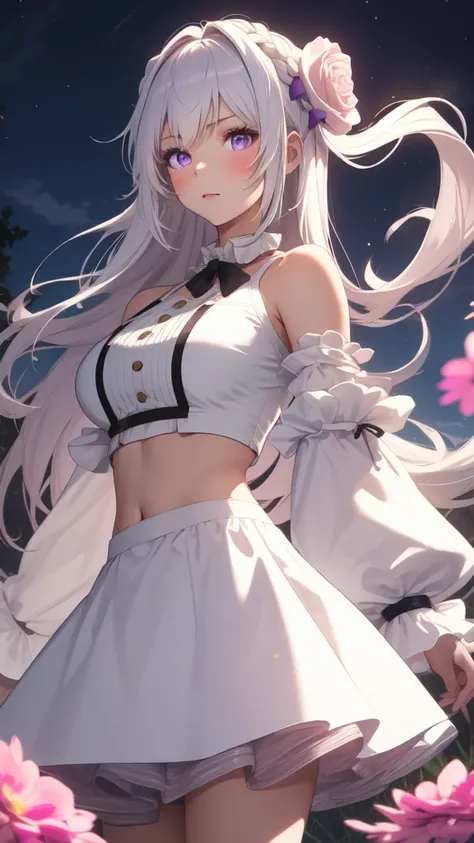 actual, 1 girl, white hair, purple eyes, glowing eyes, crop top, skirt, open, blush, night, flowers, sun, sunlight,